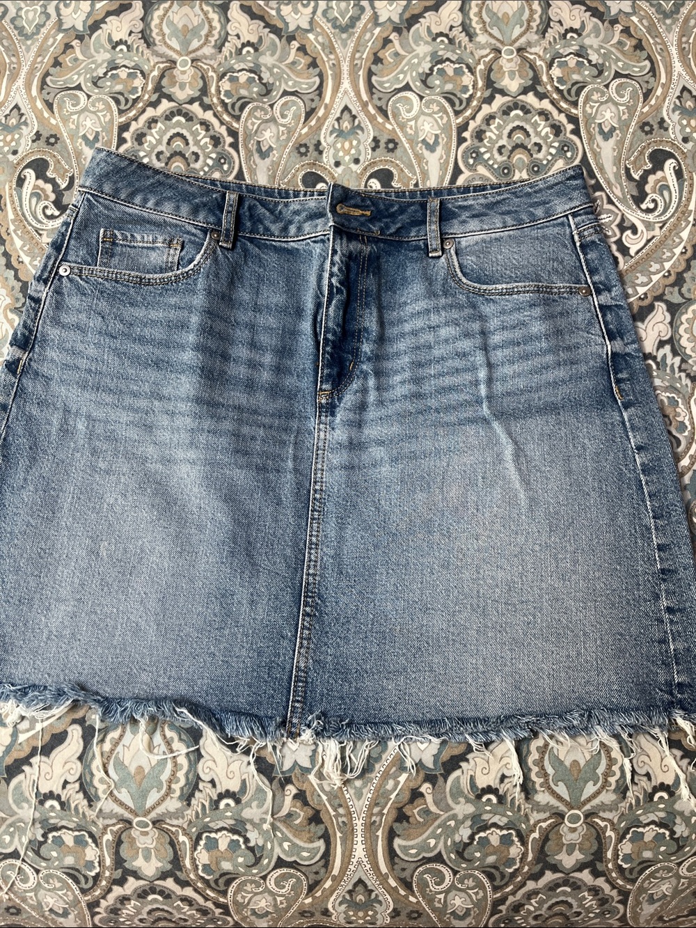 LOFT Light Blue Denim Mini Skirt with Frayed Hem